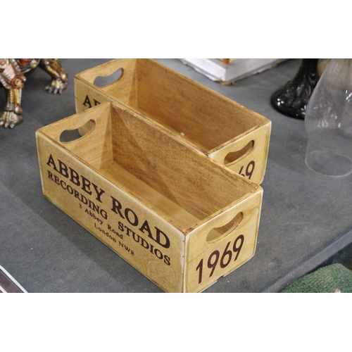 429 - TWO WOODEN 'ABBEY ROAD' BOXES, LENGTH 28CM, HEIGHT 11CM, DEPTH 12CM