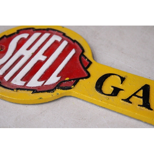 442 - A CAST SHELL GARAGE SIGN, LENGTH 42CM