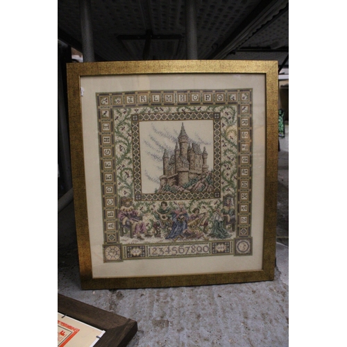 478 - A FRAMED OIL PAINTING OF A COUNTRY COTTAGE SIGNED P.R. FREEMAN TOGETHER WITH A FRAMED CROSS STITCH C... 