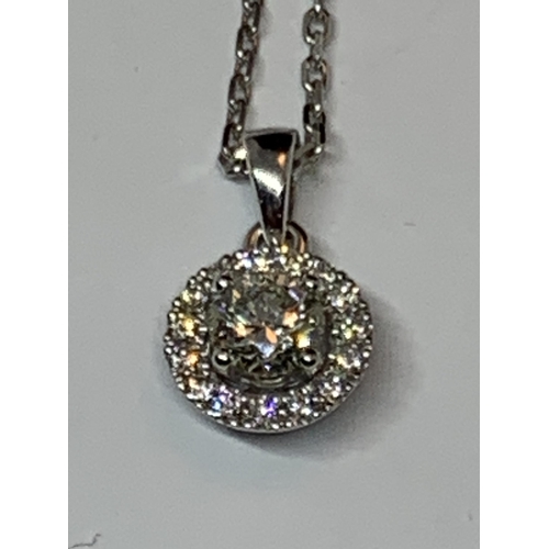 618 - AN 18 CARAT WHITE GOLD PENDANT WITH CHAIN SET WITH ONE ROUND BRILLIANT CUT NATURAL DIAMOND SURROUNDE... 