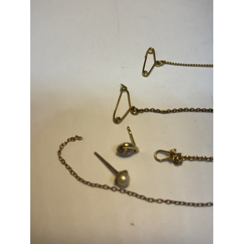 646 - THREE POSSIBLY GOLD SAFETY CHAINS, TWO EARRINGS AND A LENGTH OF SCRAP CHAIN