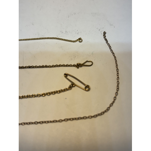 646 - THREE POSSIBLY GOLD SAFETY CHAINS, TWO EARRINGS AND A LENGTH OF SCRAP CHAIN