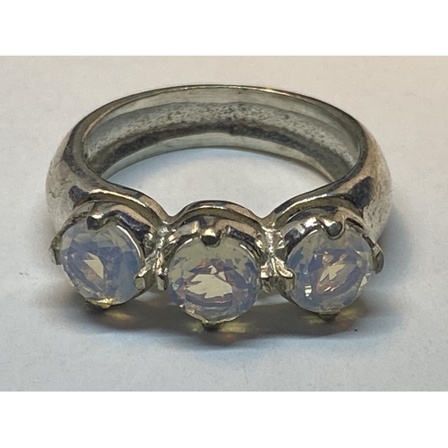 682 - A MARKED 925 RING WITH THREE INLINE OPALITE STONES SIZE P IN A PRESNTATION BOX