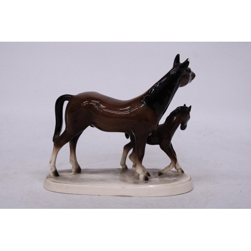 760 - A VINTAGE HERTWIG KATZHUTTE GERMAN PORCELAIN FIGURE OF A BROWN HORSE MARE WITH ITS FOAL IN A GLOSSY ... 