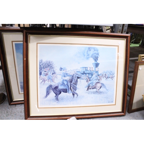 840 - TWO LARGE FRAMED PRINTS TO INCLUDE 'MORGAN'S RAIDERS' AND 'HAMPTON'S CHARGE AT BRANDY STATION', 84CM... 