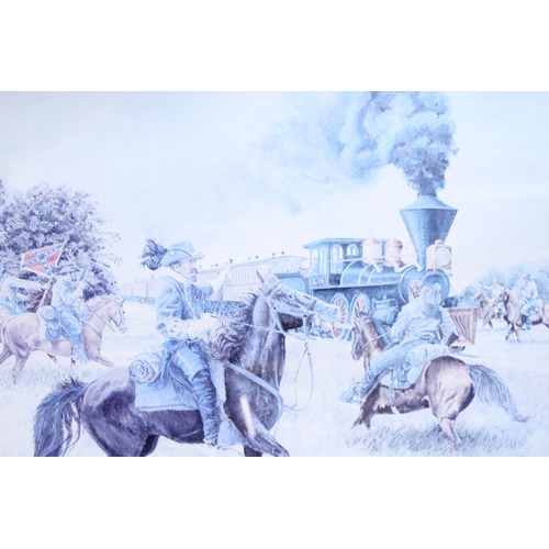 840 - TWO LARGE FRAMED PRINTS TO INCLUDE 'MORGAN'S RAIDERS' AND 'HAMPTON'S CHARGE AT BRANDY STATION', 84CM... 