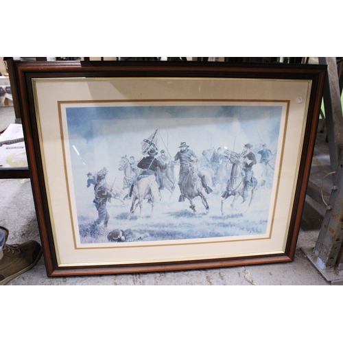 840 - TWO LARGE FRAMED PRINTS TO INCLUDE 'MORGAN'S RAIDERS' AND 'HAMPTON'S CHARGE AT BRANDY STATION', 84CM... 