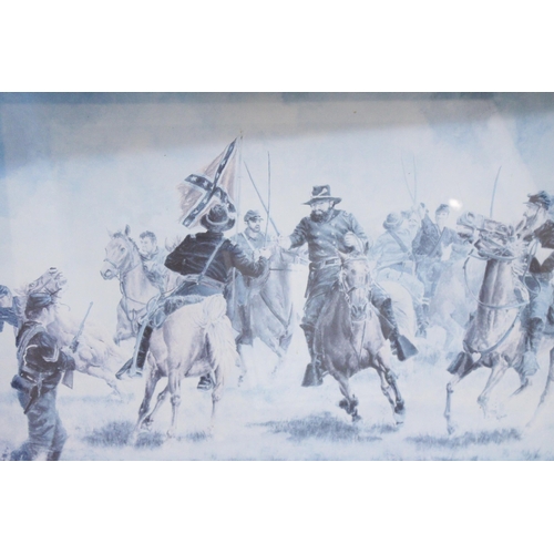 840 - TWO LARGE FRAMED PRINTS TO INCLUDE 'MORGAN'S RAIDERS' AND 'HAMPTON'S CHARGE AT BRANDY STATION', 84CM... 