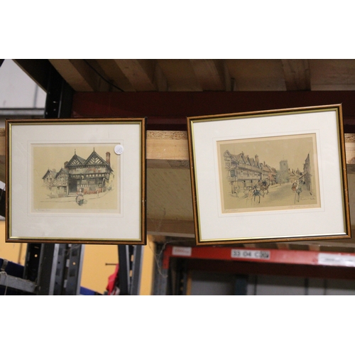 882 - TWO VINTAGE PRINTS OF STRATFORD-UPON-AVON TOGETHER WITH THREE PRINTS OF COUNTRY COTTAGES