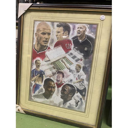 884 - THREE FRAMED MANCHESTER UNITED PRINTS TO INCLUDE OLD TRAFFORD, A MONTAGE OF PLAYERS, ETC