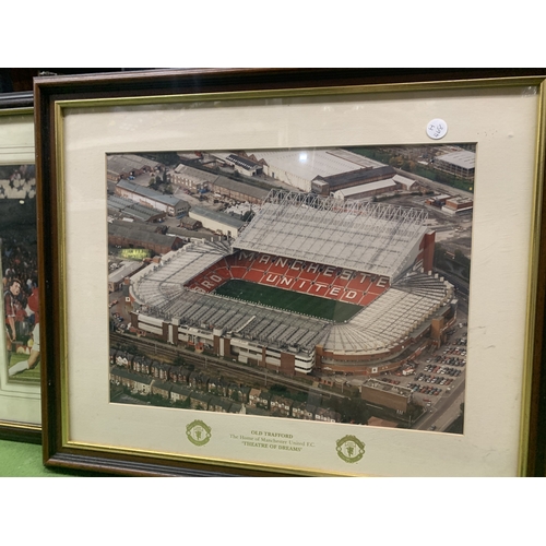 884 - THREE FRAMED MANCHESTER UNITED PRINTS TO INCLUDE OLD TRAFFORD, A MONTAGE OF PLAYERS, ETC