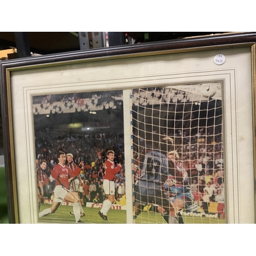 884 - THREE FRAMED MANCHESTER UNITED PRINTS TO INCLUDE OLD TRAFFORD, A MONTAGE OF PLAYERS, ETC