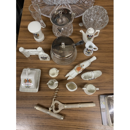 894 - A MIXED LOT TO INCLUDE CRESTED WARE, A GLASS DRESSING TABLE SET, PRESERVE POTS, ETC