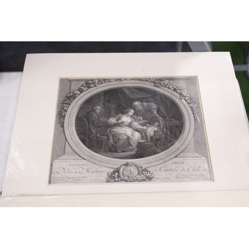 916 - TWO MOUNTED UNFRAMED PRINTS DEPICTING A LANDSCAPE SCENE AND A L'ENFANT CHERIE SCENE