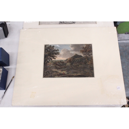 916 - TWO MOUNTED UNFRAMED PRINTS DEPICTING A LANDSCAPE SCENE AND A L'ENFANT CHERIE SCENE