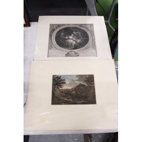 916 - TWO MOUNTED UNFRAMED PRINTS DEPICTING A LANDSCAPE SCENE AND A L'ENFANT CHERIE SCENE