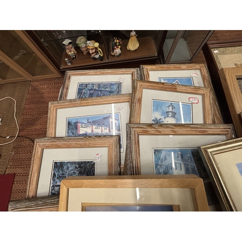 996 - A LARGE QUANTIY OF FRAMED PRINTS AND PHOTOGRAPHS OF TOWN, CITY AND BEACH SCENES