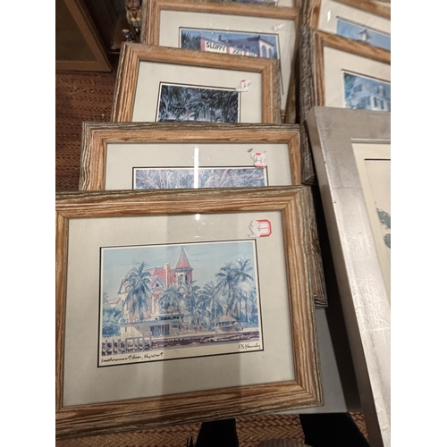 996 - A LARGE QUANTIY OF FRAMED PRINTS AND PHOTOGRAPHS OF TOWN, CITY AND BEACH SCENES