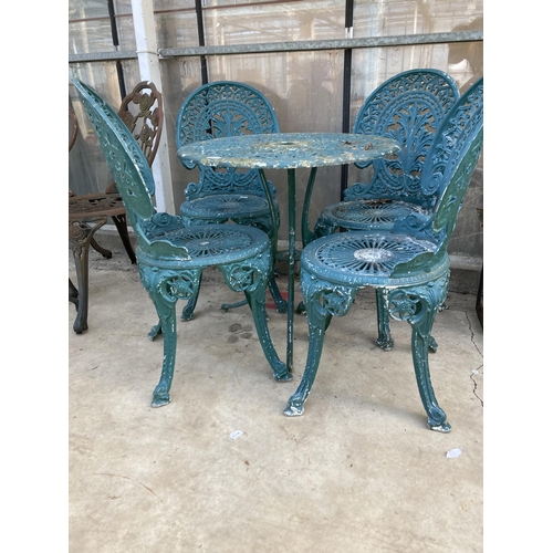 1515 - A DECORATIVE CAST ALLOY BISTRO SET COMPRISING OF A ROUND TABLE AND FOUR CHAIRS