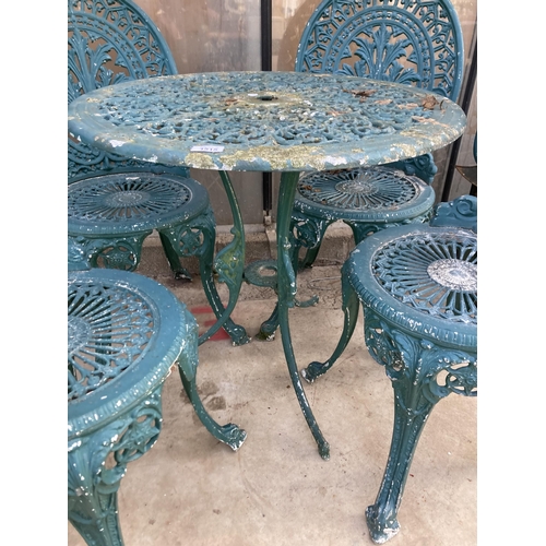 1515 - A DECORATIVE CAST ALLOY BISTRO SET COMPRISING OF A ROUND TABLE AND FOUR CHAIRS