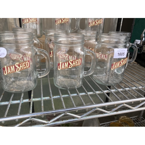 1605 - TEN GLASS JAM SHED GLASSES WITH HANDLES