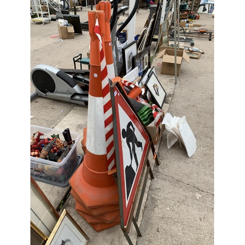 1828 - TEN OVERSIZED ROAD TRAFFIC CONES, TENSION BARRIERS AND A ROAD WORKS SIGN