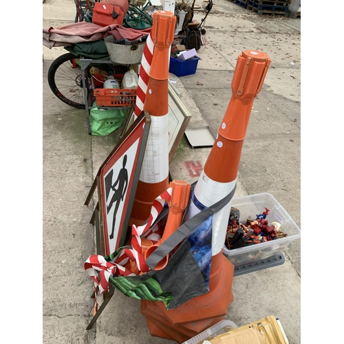 1828 - TEN OVERSIZED ROAD TRAFFIC CONES, TENSION BARRIERS AND A ROAD WORKS SIGN