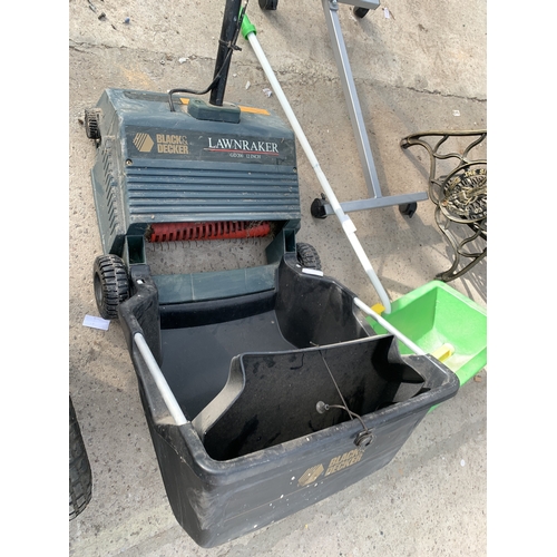 1958 - A BLACK AND DECKER ELECTRIC LAWN RAKE, A GARDEN SEEDER AND A BED TABLE