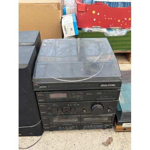 2381 - AN AIWA SERIES70 STEREO SYSTEM WITH TWO SPEAKERS AND A FERGUSON STUDIO 7 RECORD PLAYER