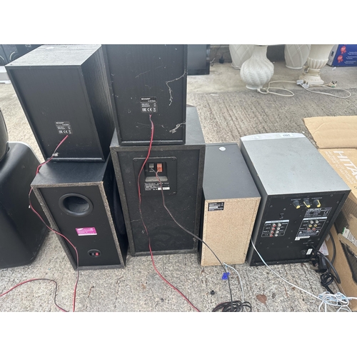 2403 - AN ASSORTMENT OF SPEAKERS AND SUB WOOFERS TO INCLUDE PANASONIC AND TECHNICS ETC