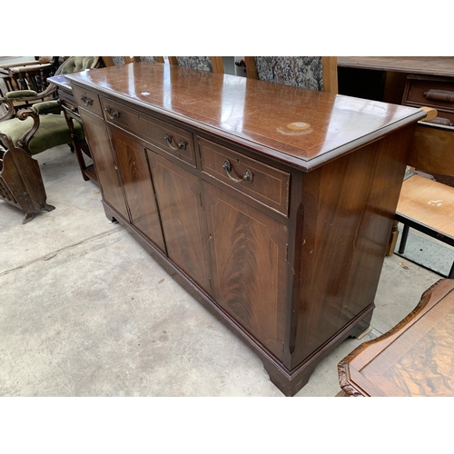 2559 - A MAHOGANY AND INLAID SIDEBOARD ENCLOSING THREE DRAWERS AND FOUR CUPBOARDS, 60