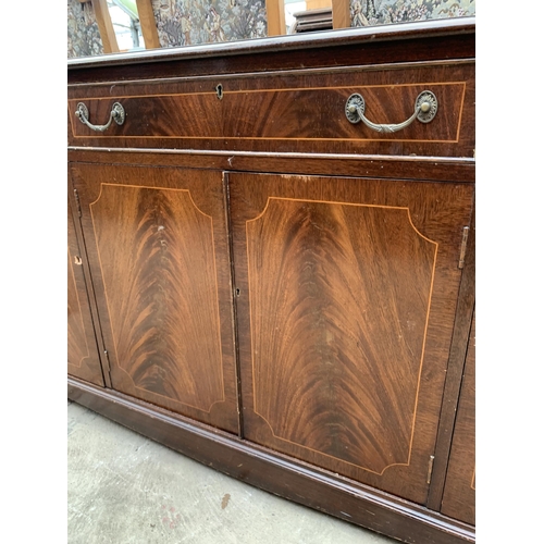 2559 - A MAHOGANY AND INLAID SIDEBOARD ENCLOSING THREE DRAWERS AND FOUR CUPBOARDS, 60