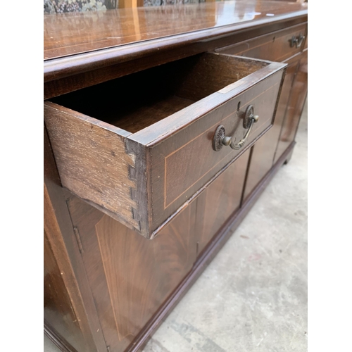 2559 - A MAHOGANY AND INLAID SIDEBOARD ENCLOSING THREE DRAWERS AND FOUR CUPBOARDS, 60