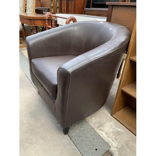 2593 - A BROWN FAUX LEATHER TUB CHAIR