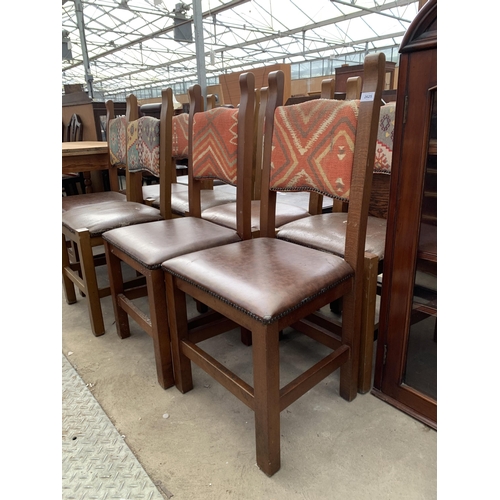 2625 - A SET OF EIGHT BEECH DINING CHAIRS WITH FAUX LEATHER SEATS AND MULTICOLOURED BACK PANELS