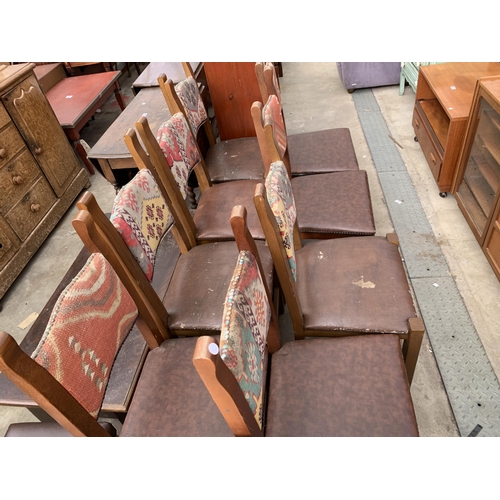 2625 - A SET OF EIGHT BEECH DINING CHAIRS WITH FAUX LEATHER SEATS AND MULTICOLOURED BACK PANELS