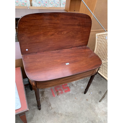 2715 - A 19TH CENTURY MAHOGANY AND INLAID FOLD OVER TEA TABLE ON TURNED LEGS, 37