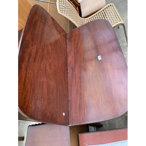 2715 - A 19TH CENTURY MAHOGANY AND INLAID FOLD OVER TEA TABLE ON TURNED LEGS, 37