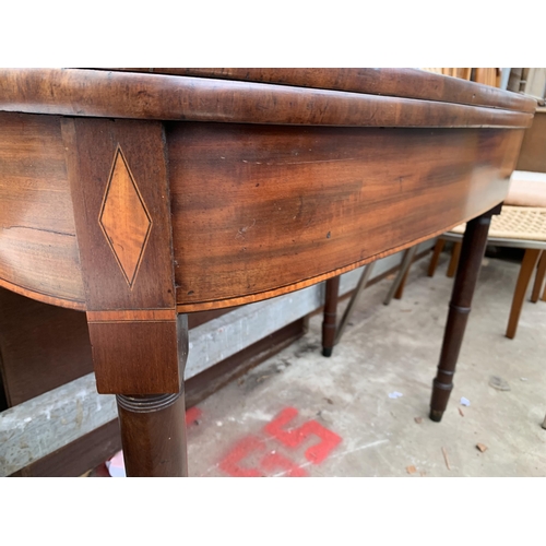 2715 - A 19TH CENTURY MAHOGANY AND INLAID FOLD OVER TEA TABLE ON TURNED LEGS, 37