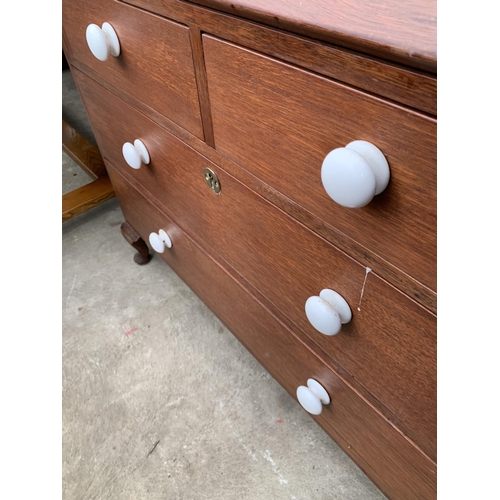 2720 - A MAHOGANY BUREAU WITH THREE DRAWERS HAVING PORCELAIN KNOBS, 36