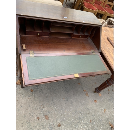 2743 - AN EDWARDIAN MAHOGANY BUREAU WITH FITTED INTERIOR ON OPEN BASE WITH TWO SHORT AND ONE LONG DRAWER, 3... 