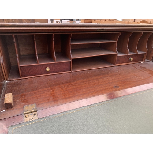 2743 - AN EDWARDIAN MAHOGANY BUREAU WITH FITTED INTERIOR ON OPEN BASE WITH TWO SHORT AND ONE LONG DRAWER, 3... 