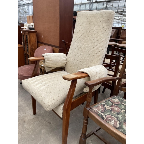 2821 - A TEAK ARMCHAIR AND AN OAK LADDERBACK CARVER DINING CHAIR