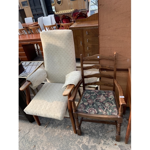 2821 - A TEAK ARMCHAIR AND AN OAK LADDERBACK CARVER DINING CHAIR