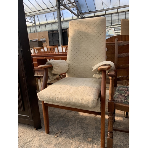 2821 - A TEAK ARMCHAIR AND AN OAK LADDERBACK CARVER DINING CHAIR