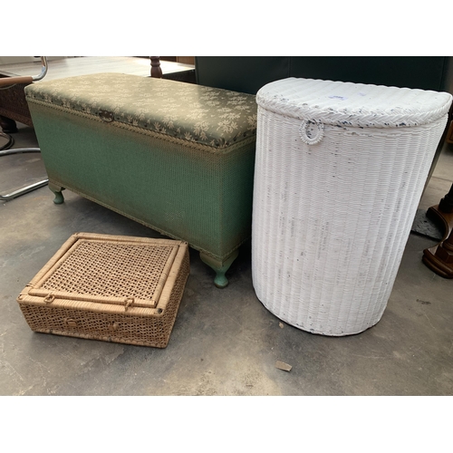 2886 - A LLOYD LOOM LINEN BASKET, OTTOMAN AND WICKER BOX