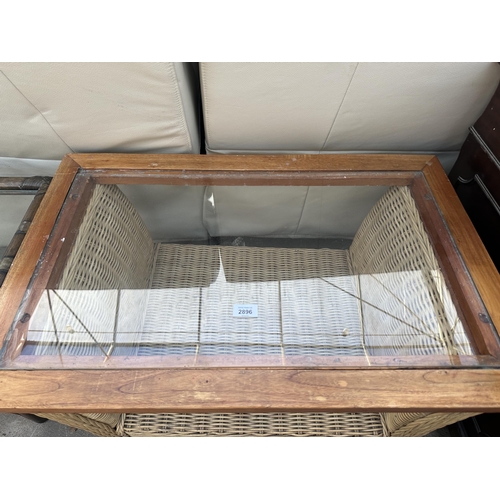 2896 - A RETRO TEAK AND WICKER GLASS TOP COFFEE TABLE, 33