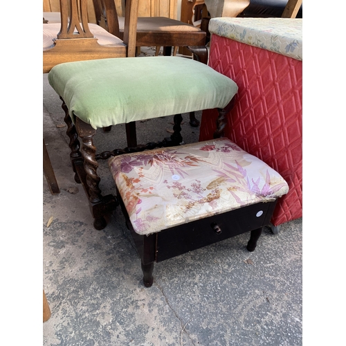 2915 - A PADDED OTTOMAN AND TWO SMALL STOOLS