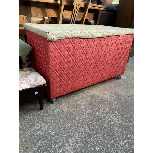 2915 - A PADDED OTTOMAN AND TWO SMALL STOOLS