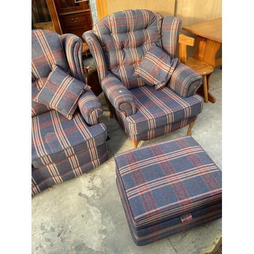 3130 - A FOUR PIECE LOUNGE SUITE IN TARTAN, THE CHAIRS BEING ON CABRIOLE LEGS